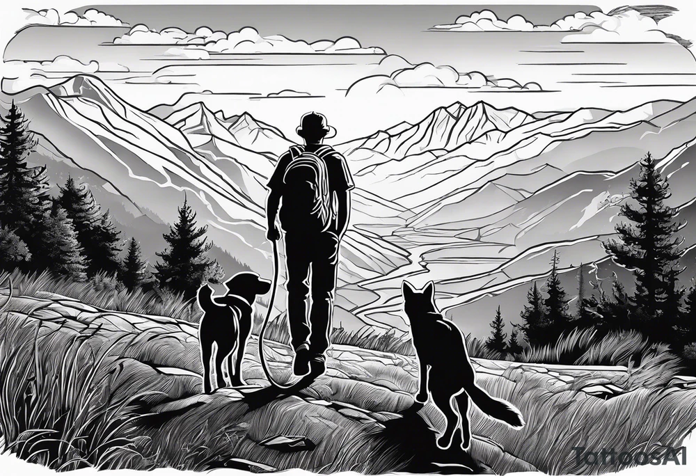 nature, sunset, mountains, a father and son hiking with their dog and cat and a cross tattoo idea