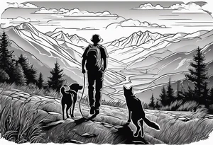 nature, sunset, mountains, a father and son hiking with their dog and cat and a cross tattoo idea