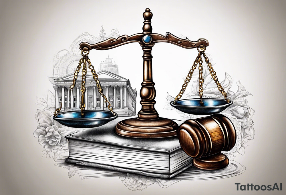 Law scales of justice books gavel tattoo idea