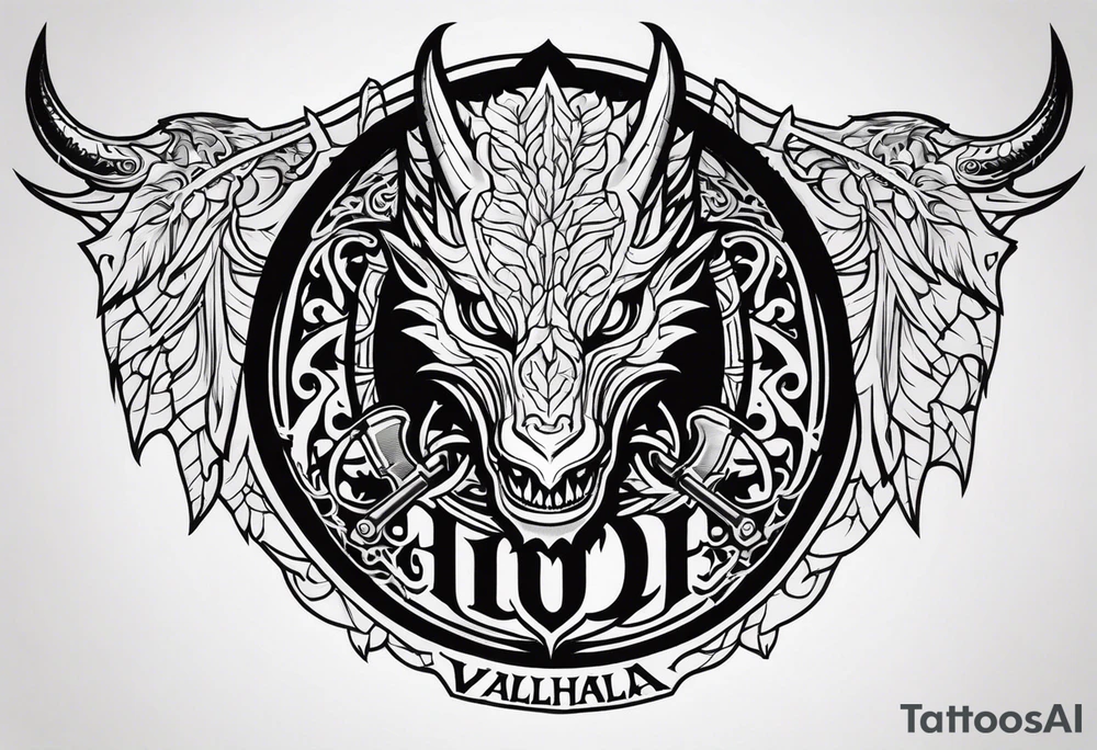 Valhalla sword shield dragon head axe tattoo idea