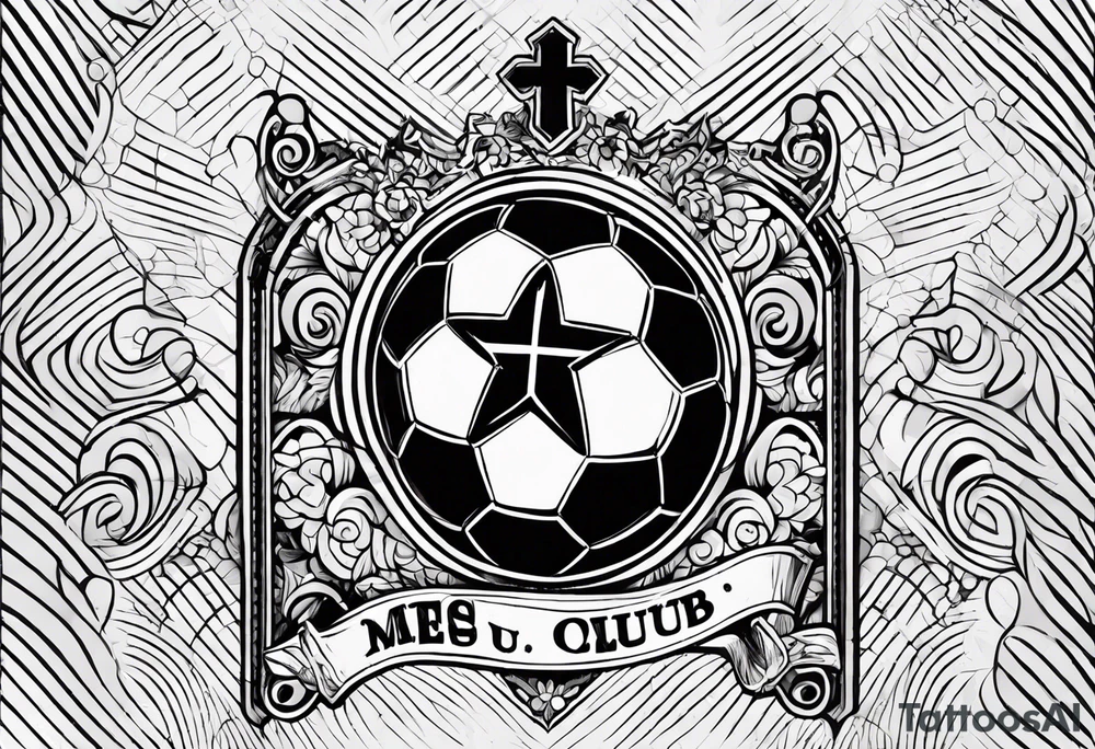 MÉS QUE UN CLUB text with soccer ball and a cross christian theme tattoo idea