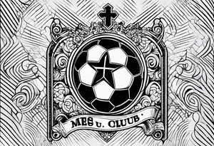 MÉS QUE UN CLUB text with soccer ball and a cross christian theme tattoo idea
