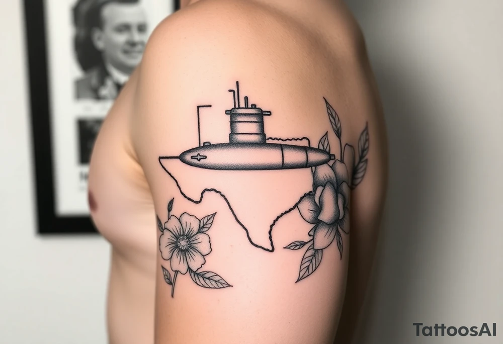Texas, Connecticut, and Washington. You could also include a small submarine traveling between them.
•	Floral Elements: Incorporate state flowers—bluebonnet (Texas), mountain laurel (Connecticut), and coast rhododendron (Washington)—around the portrait.
Arm sleeve shoulder to elbow tattoo idea