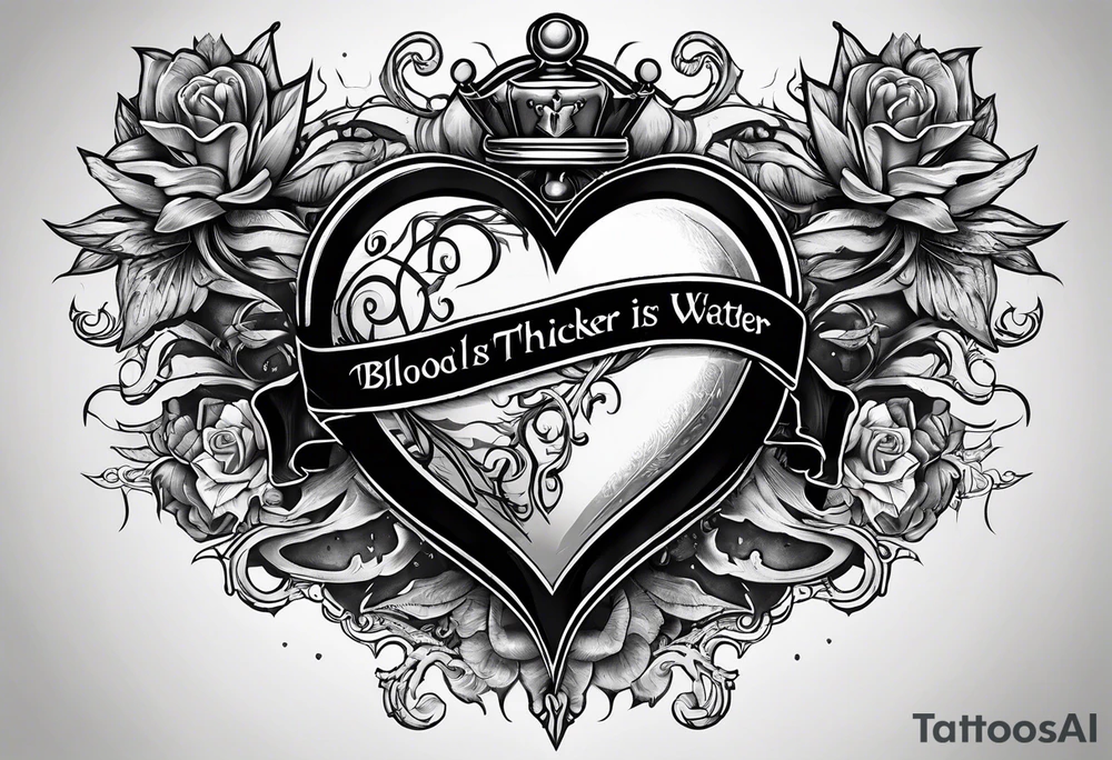 Heart pierced with daggers with a banner saying “blood is thicker than water “ tattoo idea