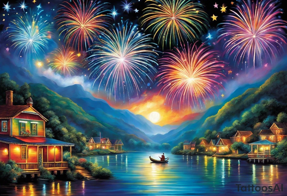 Fireworks burst across the night sky, surrounded by glowing candles and stars, capturing the magic and nostalgia of Colombian December nights. The scene is vibrant with multi-colored lights and an air of celebration. Soft linework mist or halos around the fireworks adds a magical, dreamy quality to the scene. The tattoo reflects joy and tradition, with an emphasis on warmth and festivity. tattoo idea