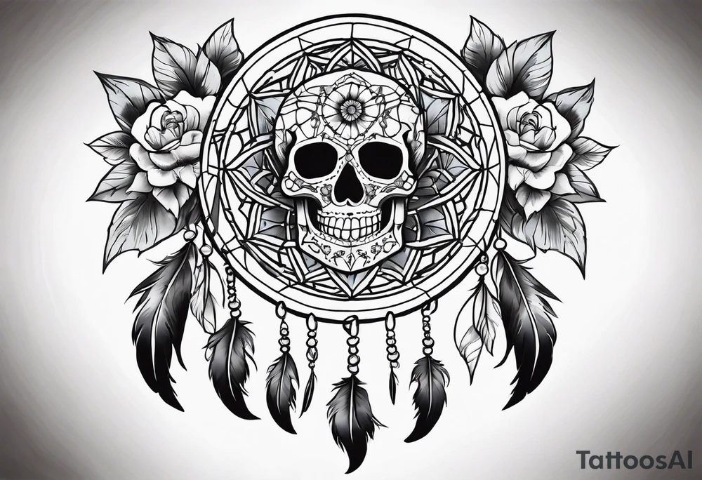 Dream catcher with multiple skulls with black flowers tattoo idea