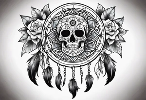 Dream catcher with multiple skulls with black flowers tattoo idea