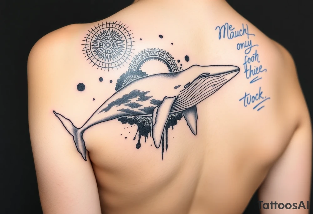 “A realistic-style humpback whale swimming forward across the upper bicep, with its tail transitioning into abstract brushstrokes and artistic smudges. Background includes sacred geometric shapes (circles, triangles, lines) integrated subtly, and a detailed Maori/Polynesian tribal tattoo only on the shoulder area. Add expressive blue calligraphic scribbles – more like ink gestures than text. tattoo idea