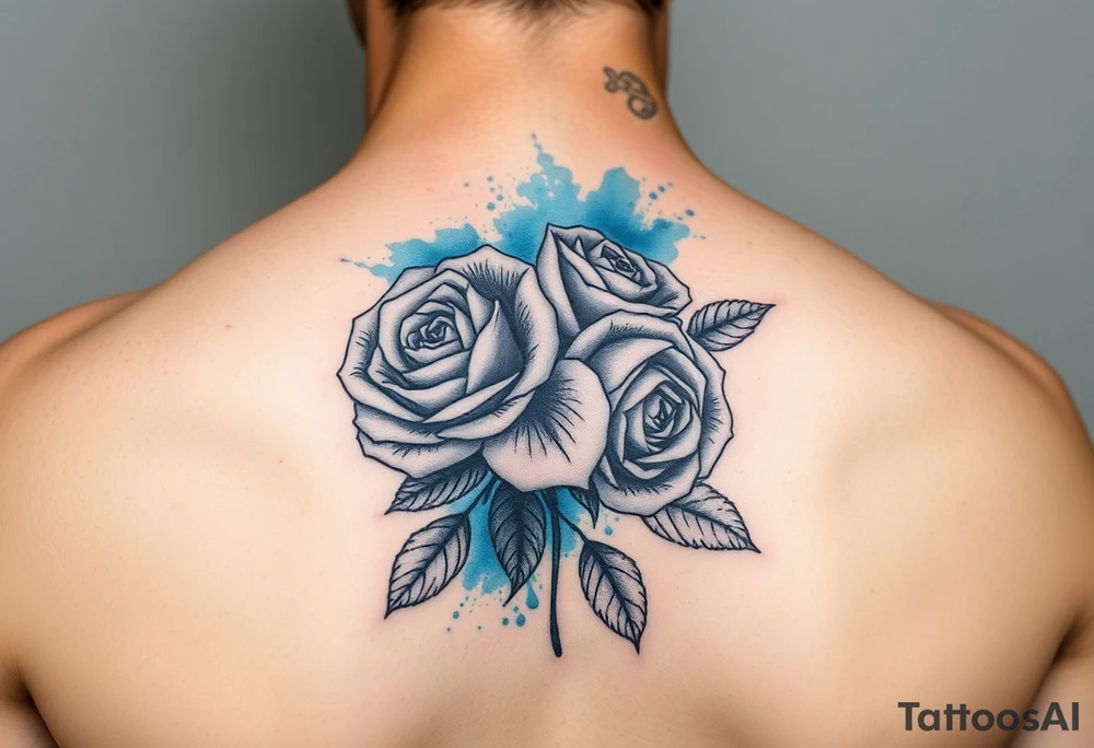 Black and white roses with blue watercolour behind tattoo idea