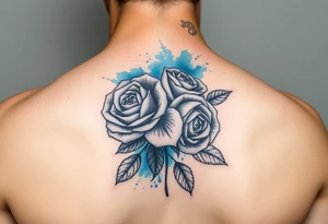 Black and white roses with blue watercolour behind tattoo idea