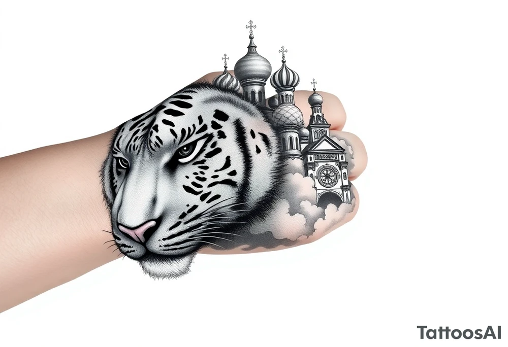 Realistic white tiger face on the back of the hand with strong contrast and fine detail with its eyes completely black. with a highly detailed Russian Orthodox cathedral sitting above on fore arm with onion domes and orthodox crosses, done in fine line, engraving-like style. Cohesive composition, black ink only, no color, high contrast, slightly aged, documentary-style, plain light background. with clouds above and a virgin mary 
spanning from my hand to lower fore arm tattoo idea