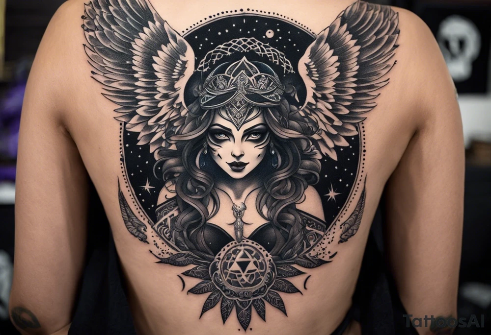 black kali, goddess pirate, alien, angel, pachamama, valkrye, warrior, flying, skull, lotus azul, wing, eagle, zenza resonance, stars, 5D, anahata chakra, death, durga, riding on a tiger, flying lady, chest tatoo tattoo idea