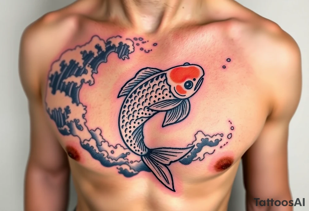 traditional koi fish swimming upstream through turbulent waves tattoo idea