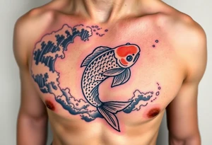 traditional koi fish swimming upstream through turbulent waves tattoo idea