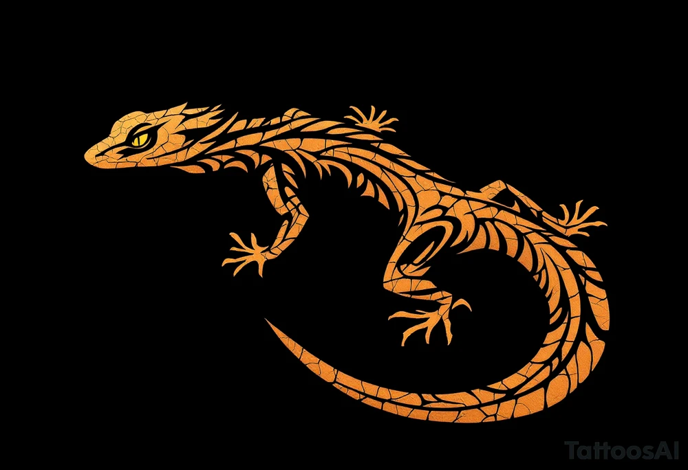 Tribal desert lizard with cracked earth texture – A sleek, agile lizard in motion, designed with tribal curves and sharp angles along its spine. Its skin mimics the pattern of sunbaked, cracked earth, blending tones of burnt orange, dusty brown, and charcoal black. The tail coils elegantly, forming a spiral, while the eyes gleam in golden yellow, symbolizing survival, transformation, and primal instincts. tattoo idea