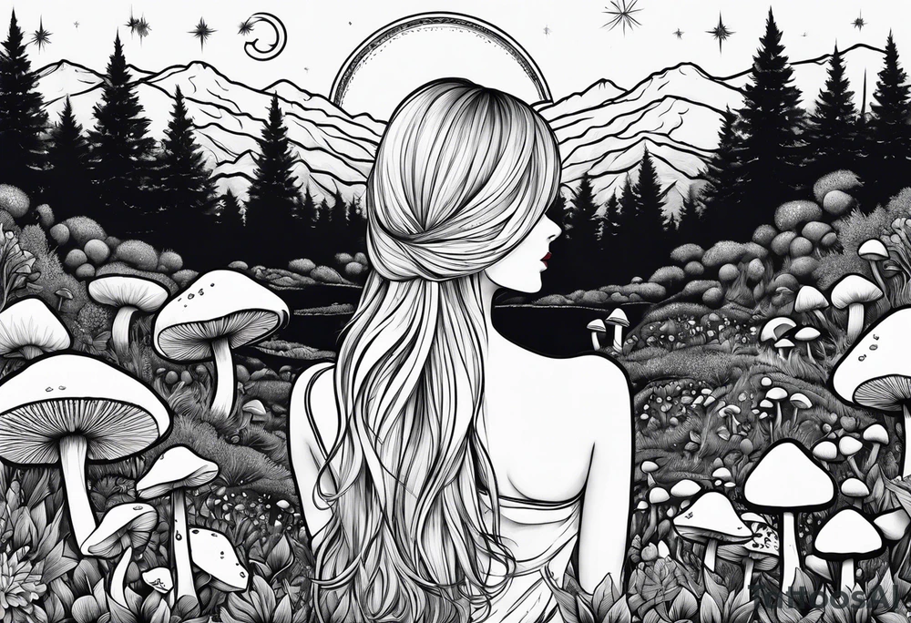 Straight blonde hair girl facing mountains surrounded by mushrooms crescent moon tattoo idea
