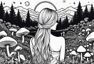 Straight blonde hair girl facing mountains surrounded by mushrooms crescent moon tattoo idea