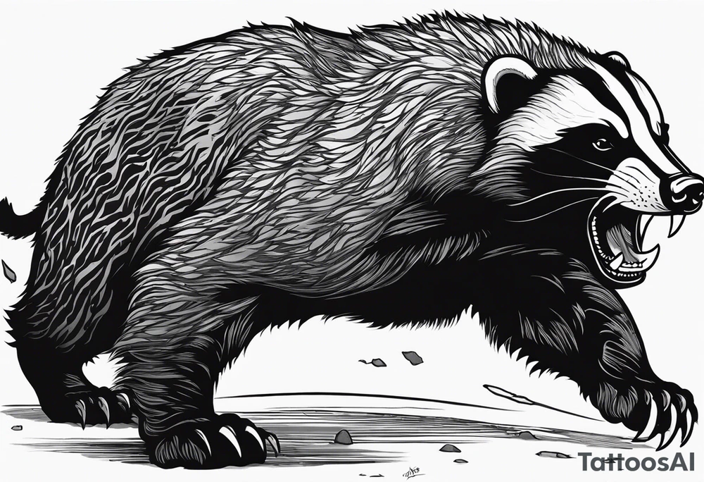 Draw me psychopath Fearless Honey Badger/Berserker with aggressive full body, killer face with a scary smile, very long nails and he attacks like a Bloody Assassin/Warrior/Gladiator to us and also, he has very deadly looking. He fights with his nails only. Everybody scares after their first sight. Give me horror type Badger Tattoo. I want to see his Realistic full body with no weapons. You can show destruction at the back. tattoo idea