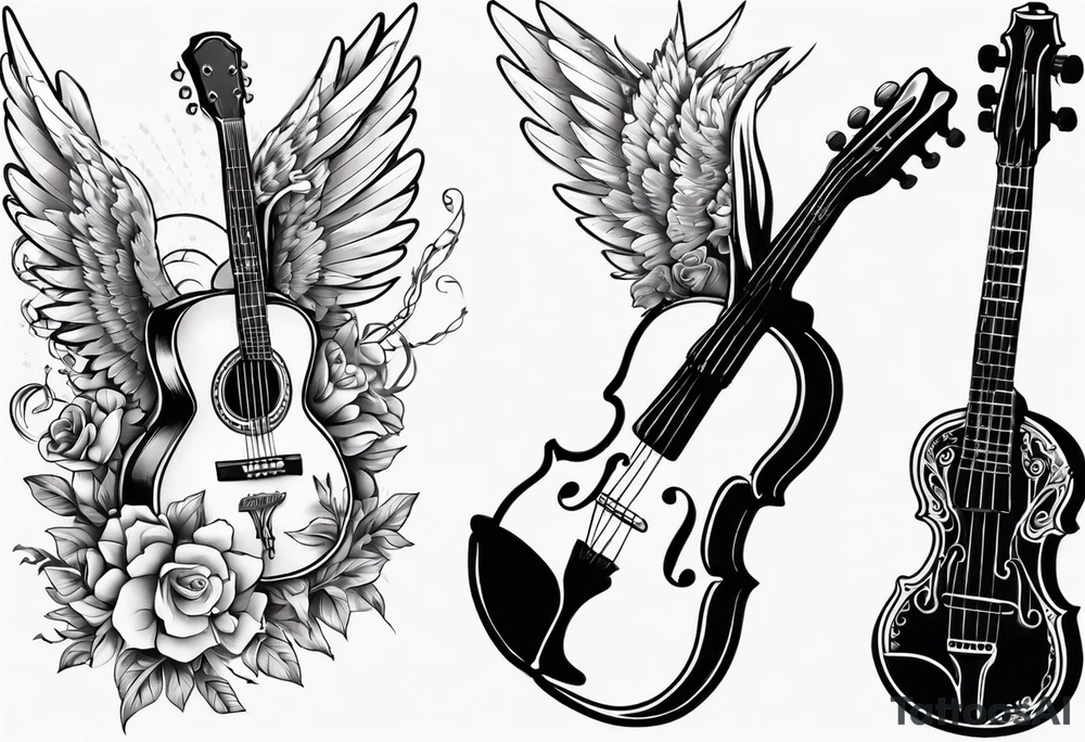 GUITAR AND VIOLIN LEANING AGAINST EACH OTHER 
WITH ANGLE WINGS tattoo idea