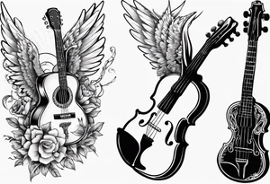 GUITAR AND VIOLIN LEANING AGAINST EACH OTHER 
WITH ANGLE WINGS tattoo idea