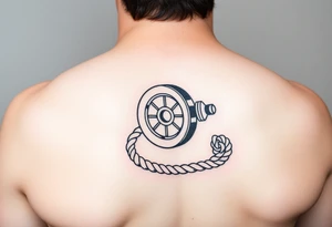 A sailboat winch located on forearm with a rope wrapped around it that leads to the wrist and the rope wraps around the wrist tattoo idea