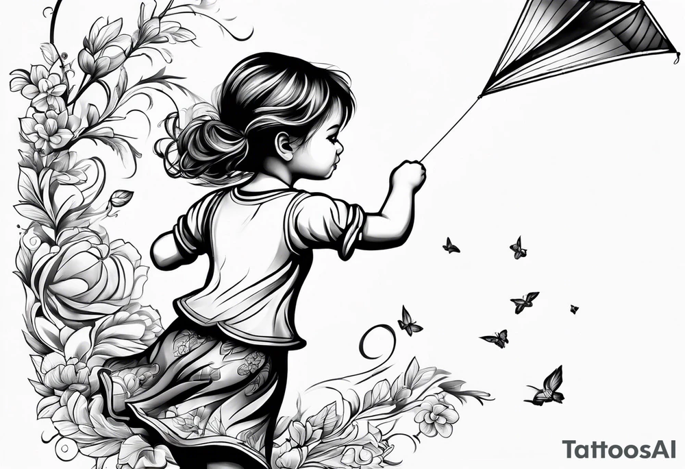 back image of a little girl flying a kite tattoo idea