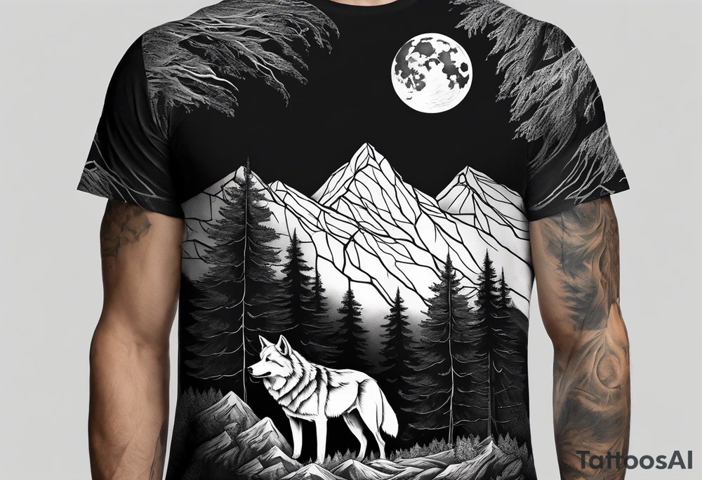 Half sleeve
Peaks of mountains with a moon behind it
Dark woods below the mountains with a narrow trail with two wolves on bottom of the trails tattoo idea
