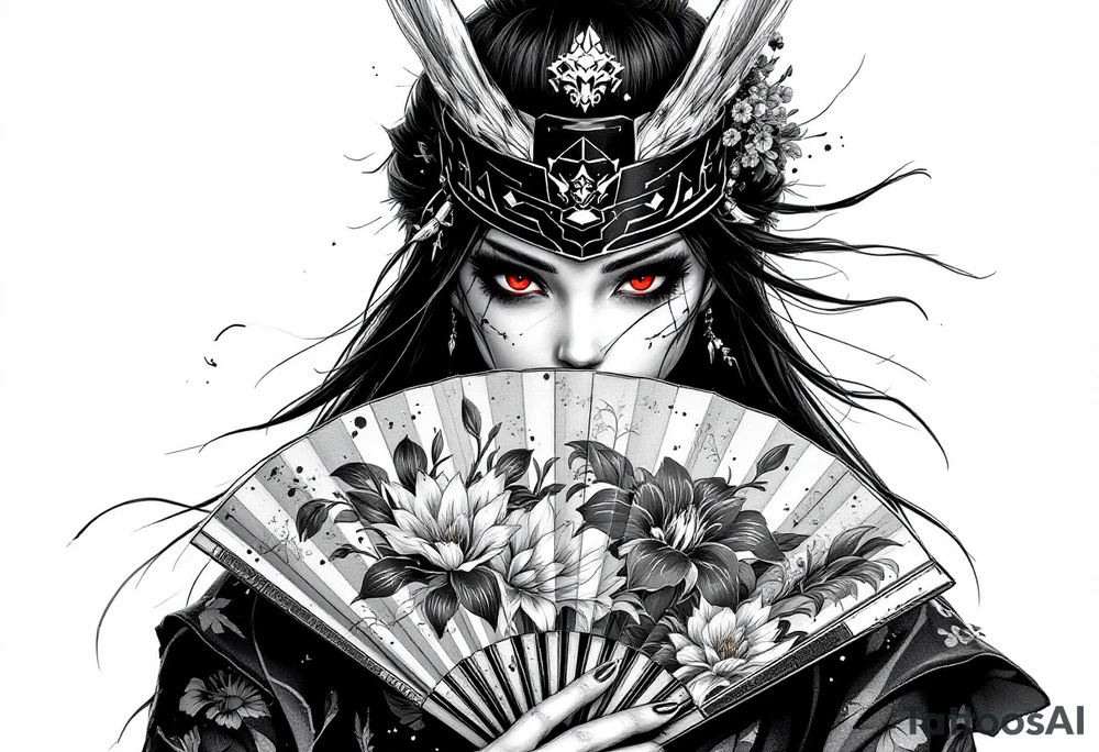 japanese samurai woman with red eyes wearing a kitsune half-mask and holding a fan with irises flowers ornement tattoo idea
