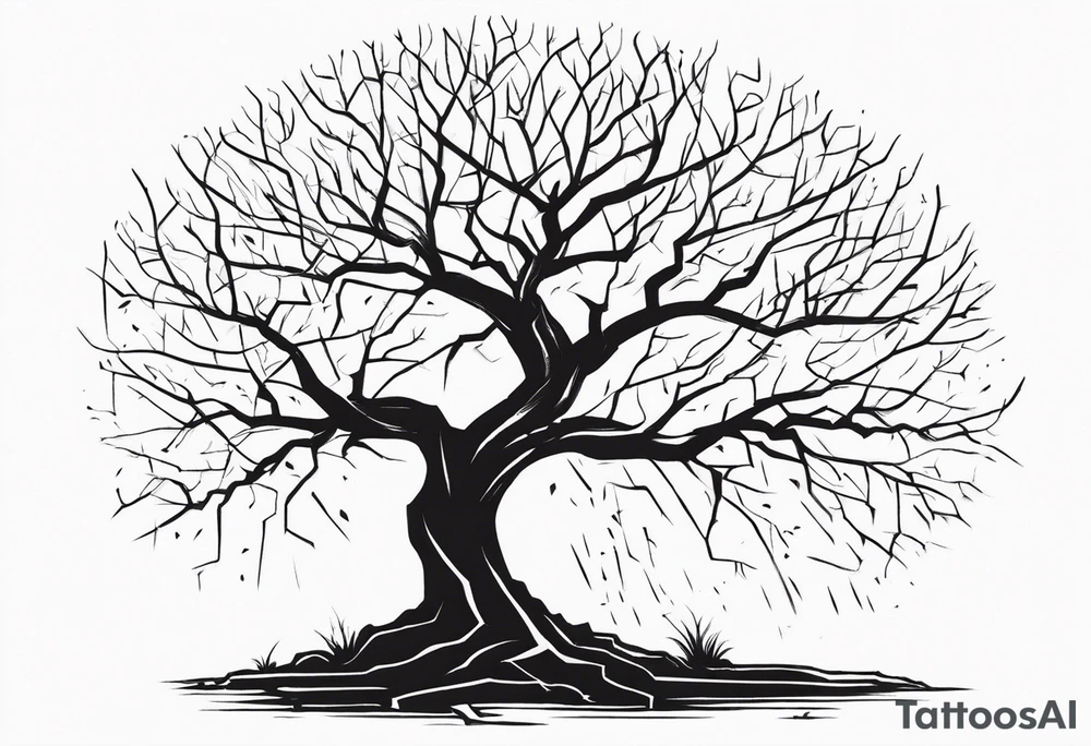 a barron tree struck by lightning, the branches resemble a brain. the ground below the tree is cracked symbolizing the broken connection between creator and creation. victor and frankenstein stand below. tattoo idea