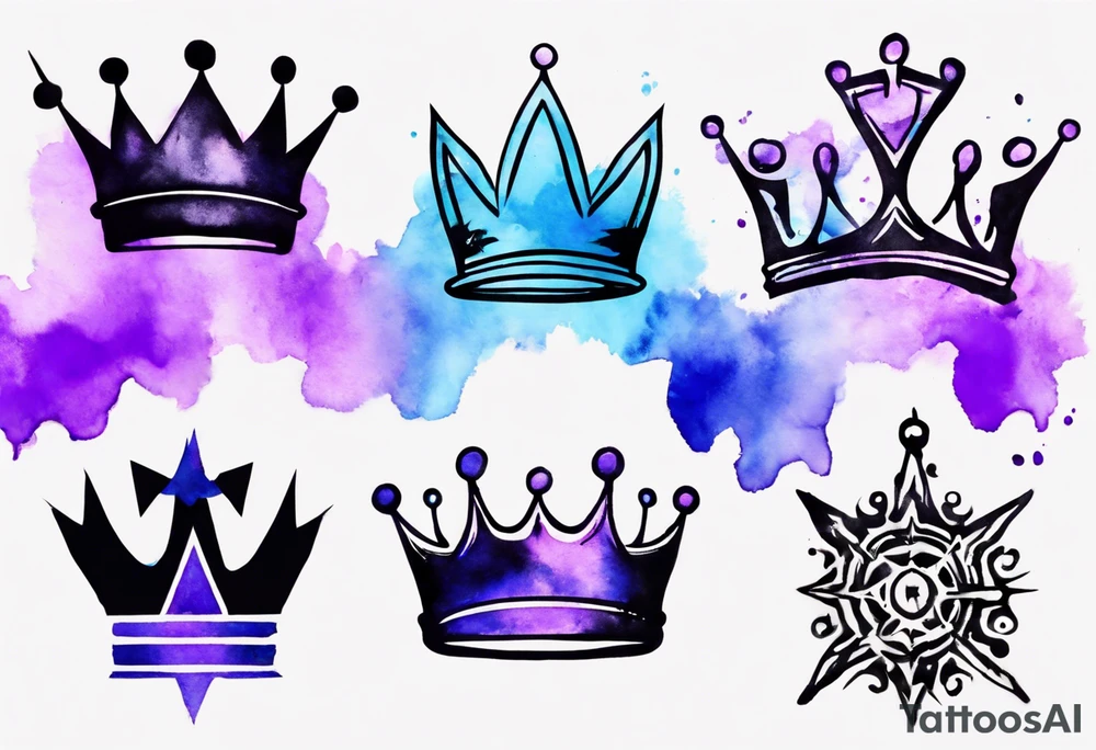 A tattoo of a minimalistic black crown and some negative space on a water color background of purple and blue. tattoo idea