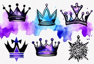 A tattoo of a minimalistic black crown and some negative space on a water color background of purple and blue. tattoo idea