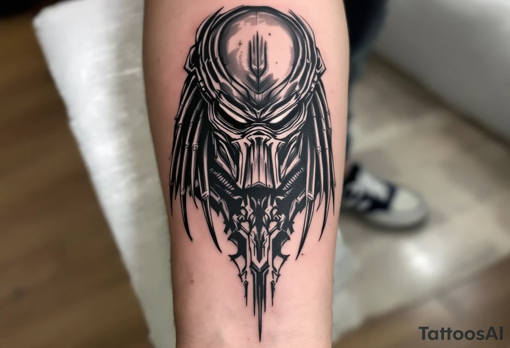 Ultimate Predator (Assassin Predator) – A towering genetically modified Yautja from The Predator (2018), standing 11 feet tall, with black armor-like skin, exposed muscle fibers, and no need for a bio-mask due to integrated targeting vision. tattoo idea