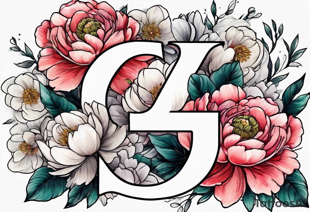 Initials G and J surrounded by peonies and ranunculus flowers tattoo idea