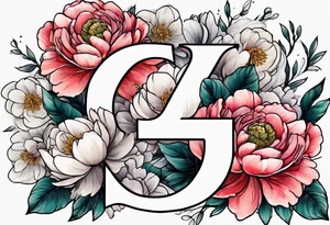 Initials G and J surrounded by peonies and ranunculus flowers tattoo idea