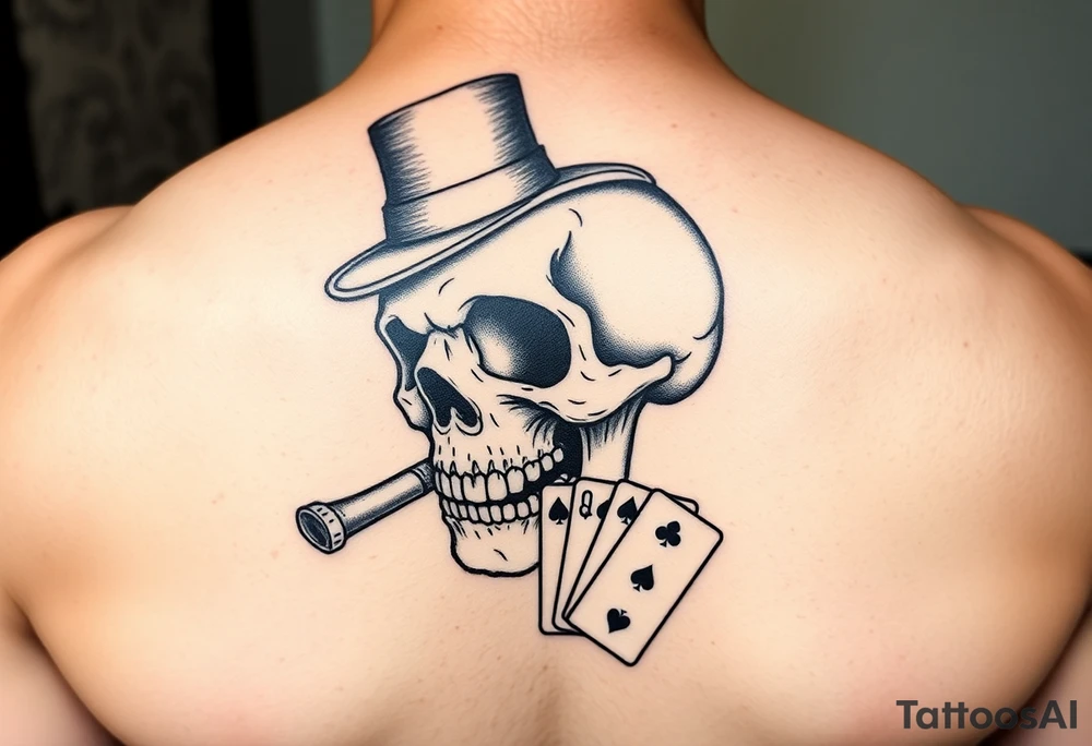 a skull with mustache,top-hat, cigar in his mouth and playing cards in a hand. tattoo idea