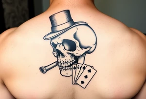 a skull with mustache,top-hat, cigar in his mouth and playing cards in a hand. tattoo idea