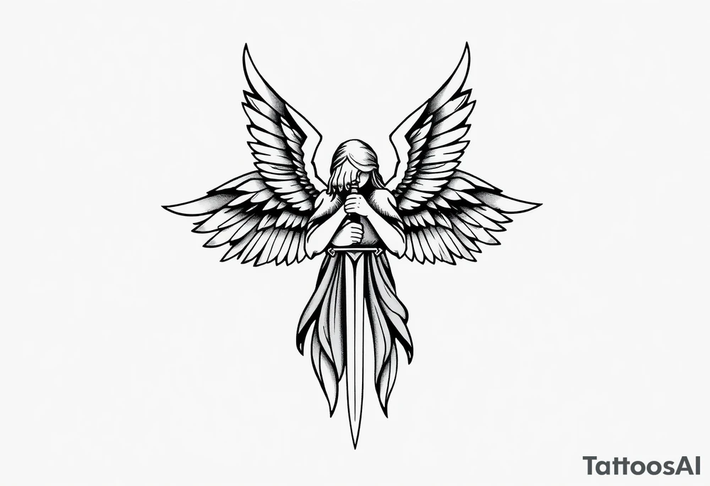 Angel with two wings that are covering its face, two wings covering its feet, and two flying out at its sides while the angel holds a sword tattoo idea