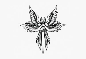 Angel with two wings that are covering its face, two wings covering its feet, and two flying out at its sides while the angel holds a sword tattoo idea