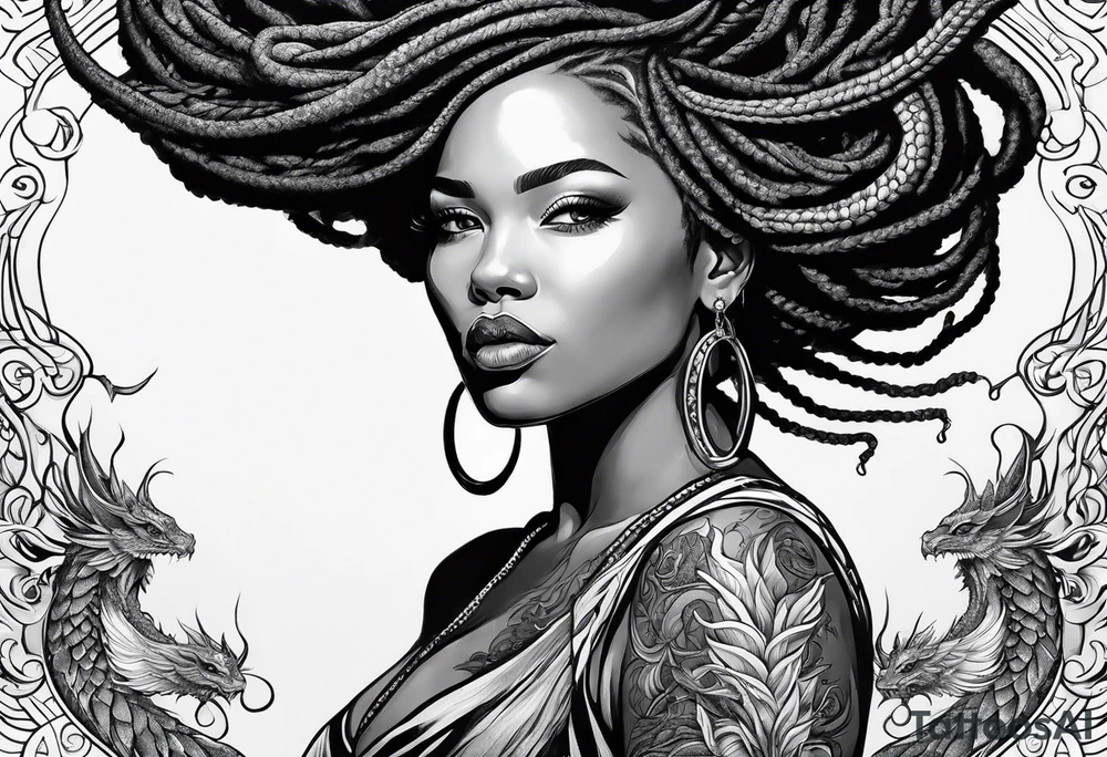 Woman with locs and red dragon in background tattoo idea
