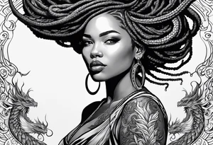 Woman with locs and red dragon in background tattoo idea