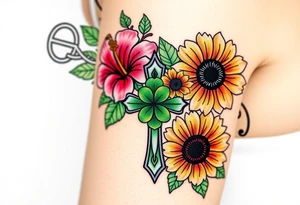 black and green celtic knots weaving throughout, bright colorful hibiscus flowers, sunflowers and a celtic cross with green 4 leaf clover tattoo idea