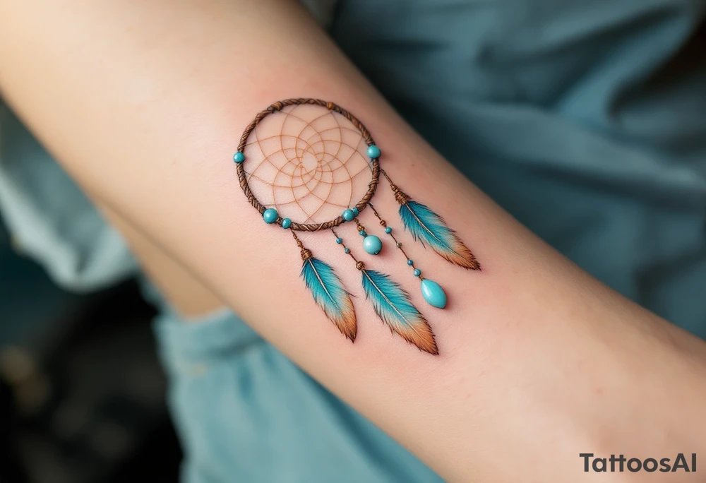 Dreamcatcher (česky lapač snů) tattoo featuring soft turquoise and beige feathers, a brown woven hoop with light blue beads, symbolizing protection and peaceful dreams in a delicate, boho style. tattoo idea