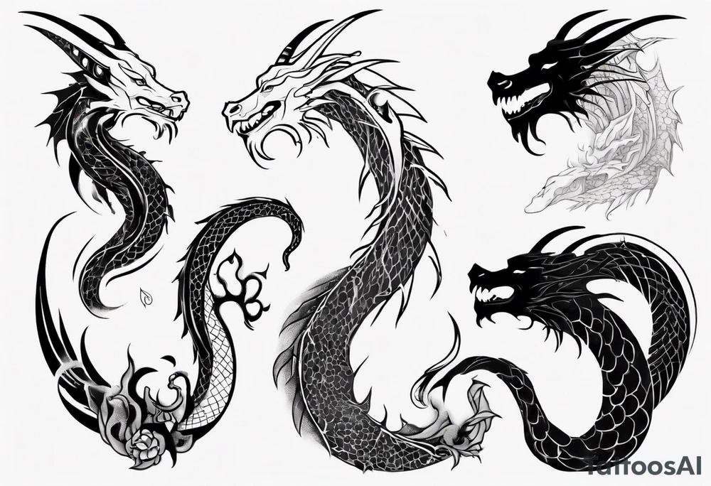 long dragon with horns, mane, scales tattoo idea