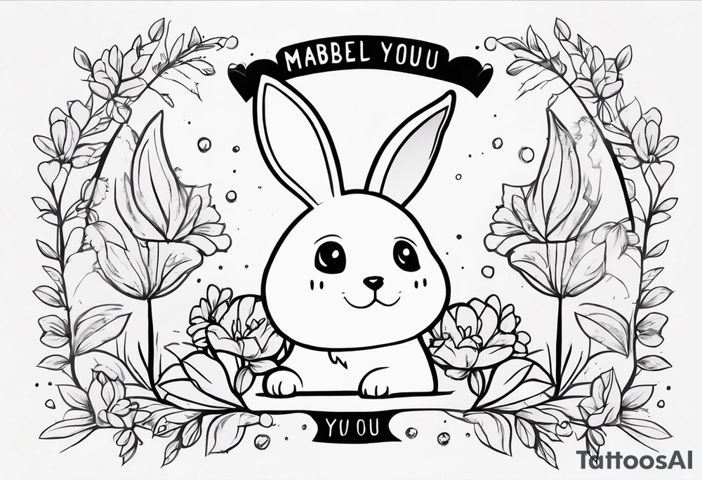 The tattoo is hand drawn. 

Theres a bunny jumping over an axe. Theres a small dog face with the words “Mabel loves you” underneath tattoo idea