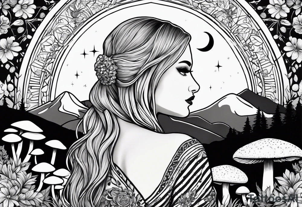 Straight blonde hair girl facing away toward mountains surrounded by mushrooms crescent moon circular design black and white striped dress tattoo idea