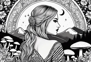 Straight blonde hair girl facing away toward mountains surrounded by mushrooms crescent moon circular design black and white striped dress tattoo idea