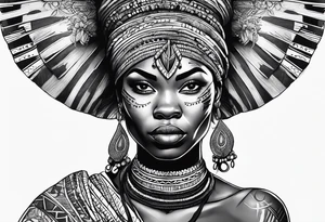 African woman warrior with tribe scars and spear in hand with elephant in background tattoo idea