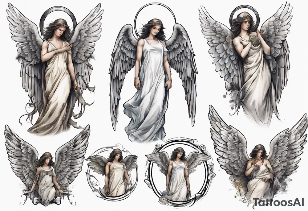 Exhausted guardian angel with halo and broken wing tattoo idea