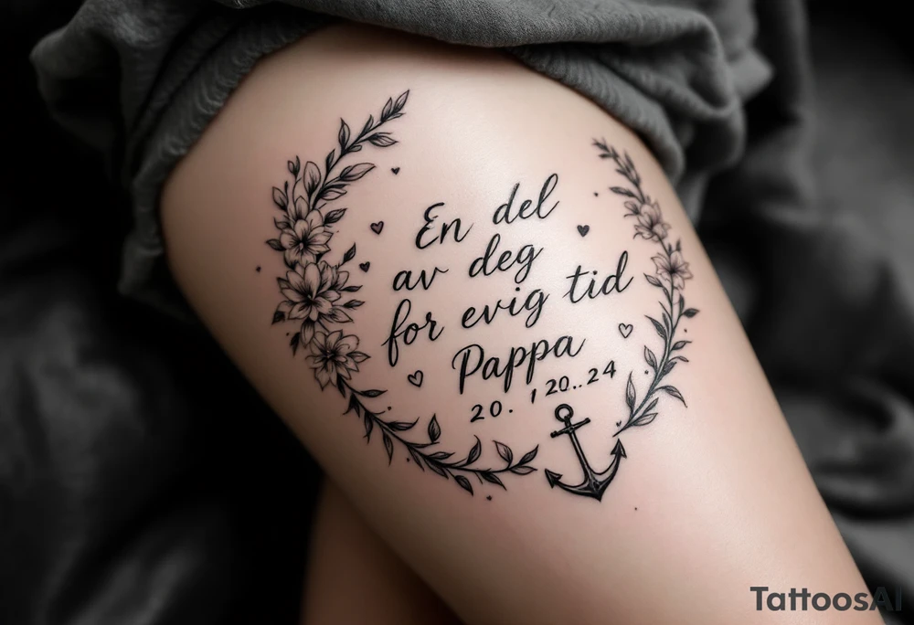 «En del av deg for evig tid
Pappa 20.12.24» Surrounded by long gladiolus, hearts, notes and an anchor tattoo idea