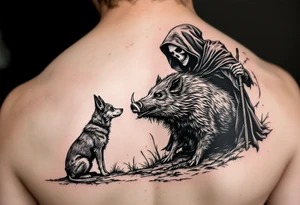 Grim reaper looking down on a hunting dog sending in a big feral boar saying ‘your time has come’ tattoo idea